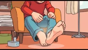 A person inspecting their feet while sitting on a chair.